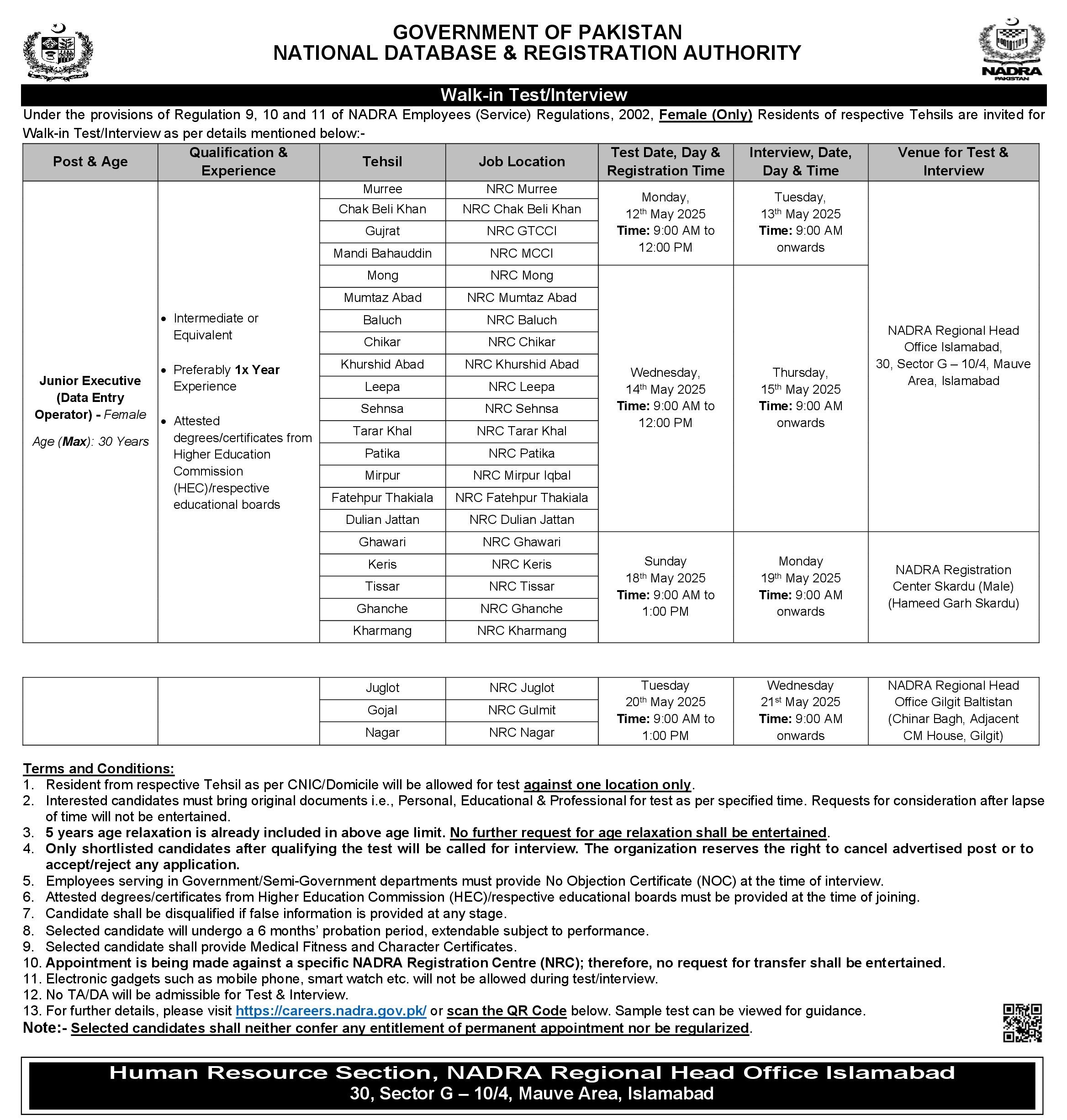 2025 Nadra Jobs for Female Junior Executives