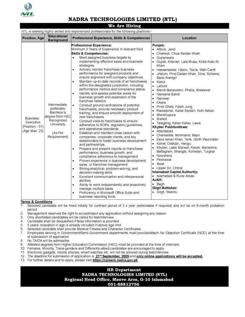 NADRA Technologies Jobs September 2025