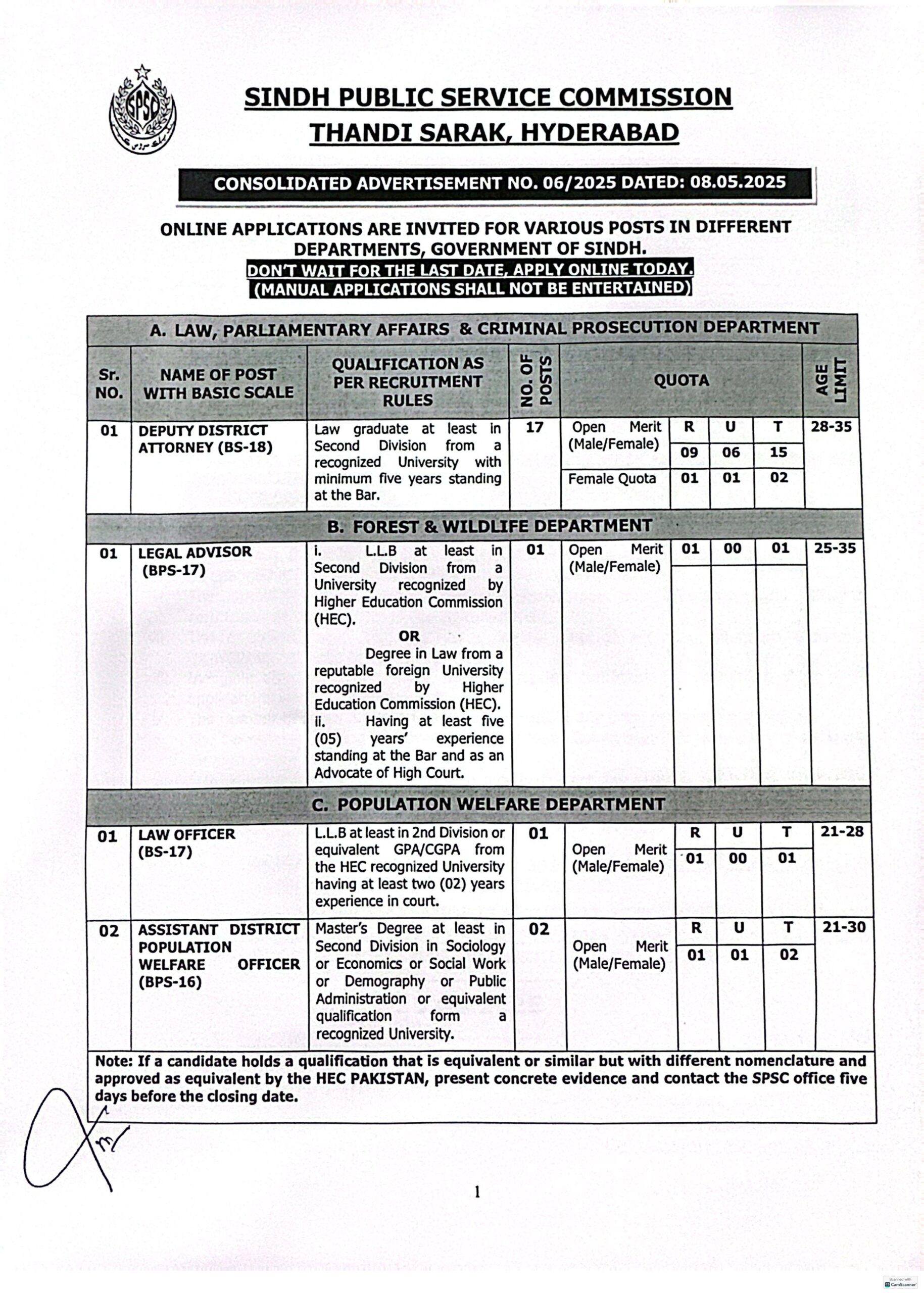 SPSC Jobs 2025 Advertisement No 06 - 1