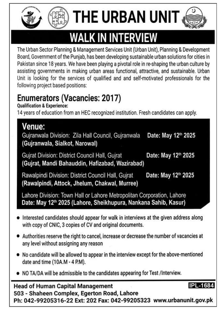 The Urban Unit Enumerators Jobs 2025