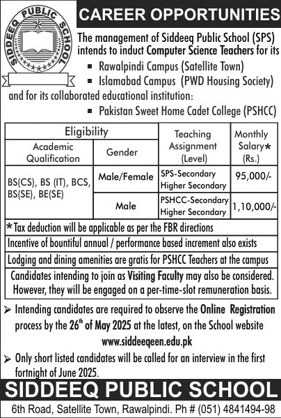 Siddeeq Public School Jobs May 2025