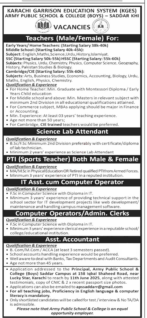 Army Public School and College Saddar Karachi Jobs 2025