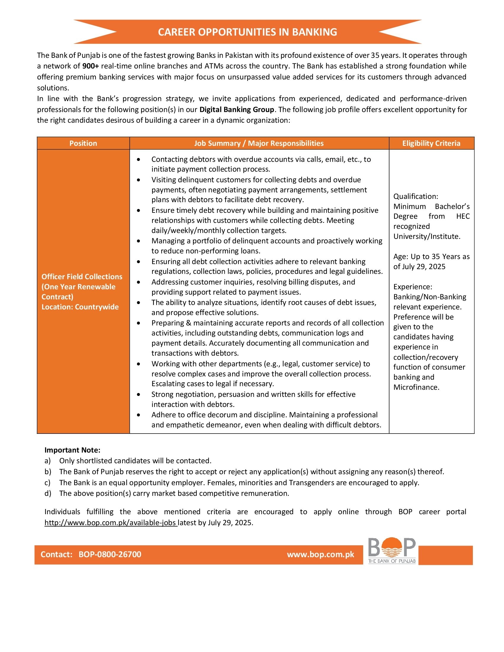 BOP Filed Collection Officer Jobs 2025