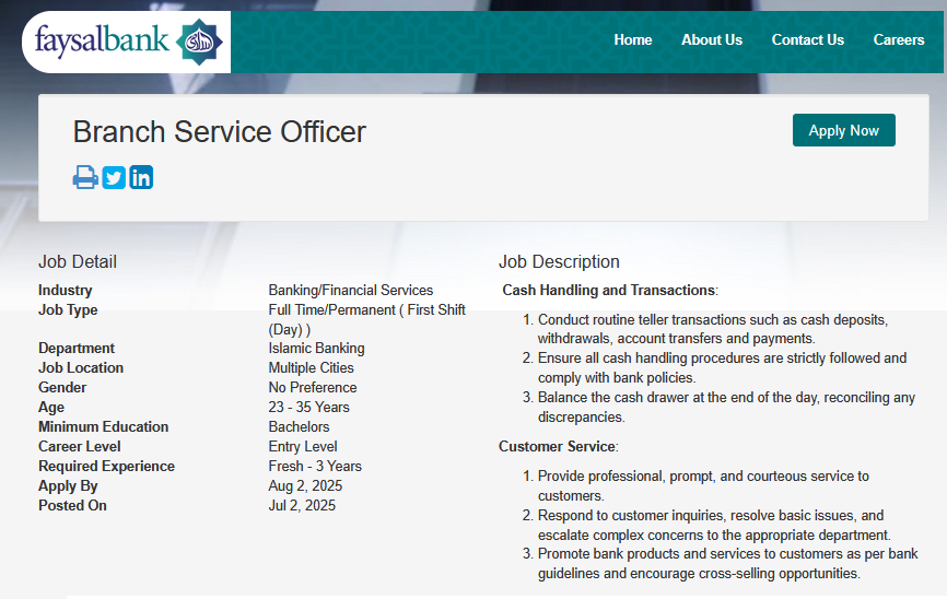 Faysal Bank Branch Service Officers Jobs 2025