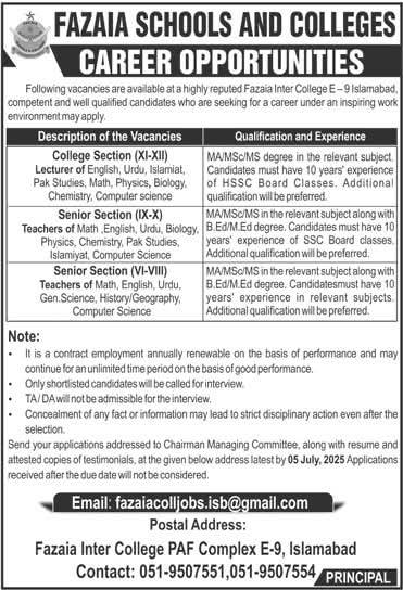 Fazaia Schools and Colleges Jobs 2025 Teachers & Lecturers