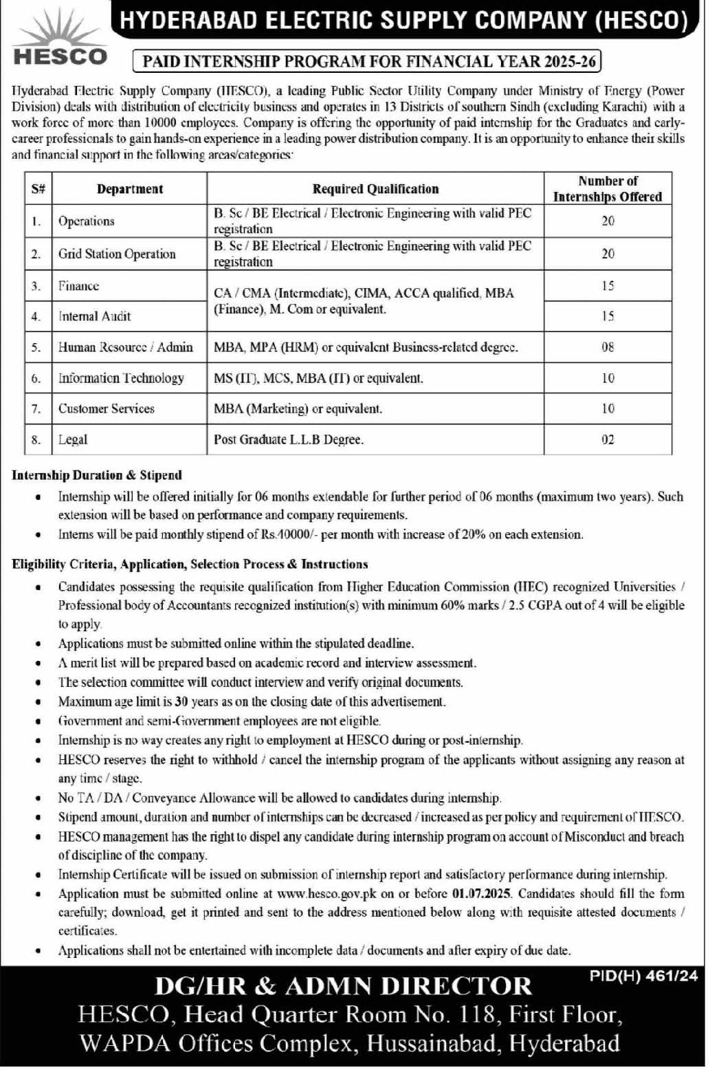 HESCO Paid Internship Program 2025 Advertisement