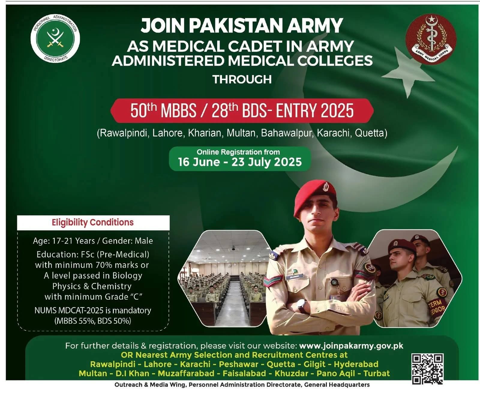 Join Pak Army as Medical Cadet 2025 MBBS, BDS Entry