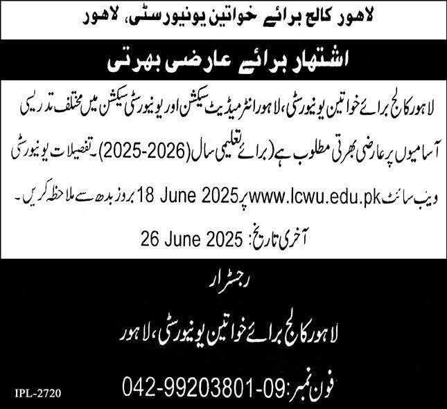 Lahore College for Women University Visiting Teaching Faculty Jobs 2025