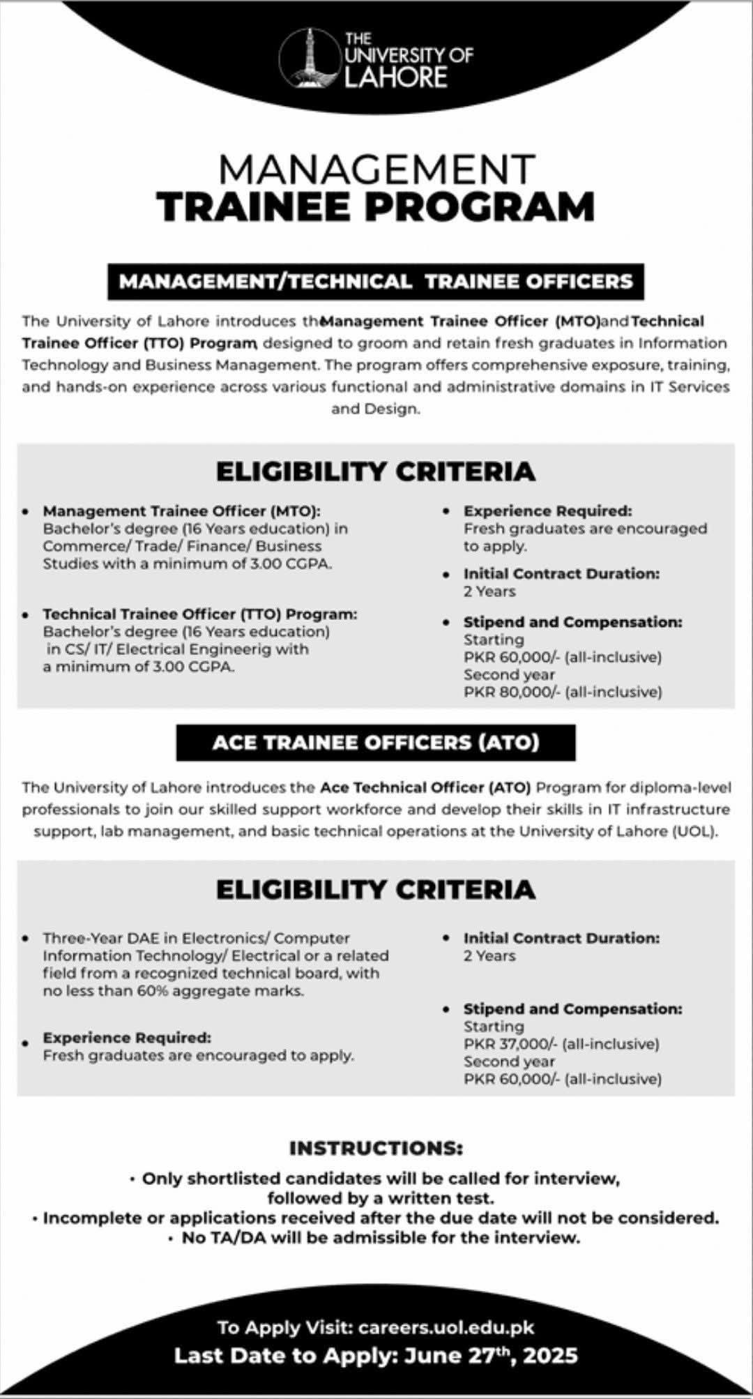 University of Lahore Management Trainee Program 2025