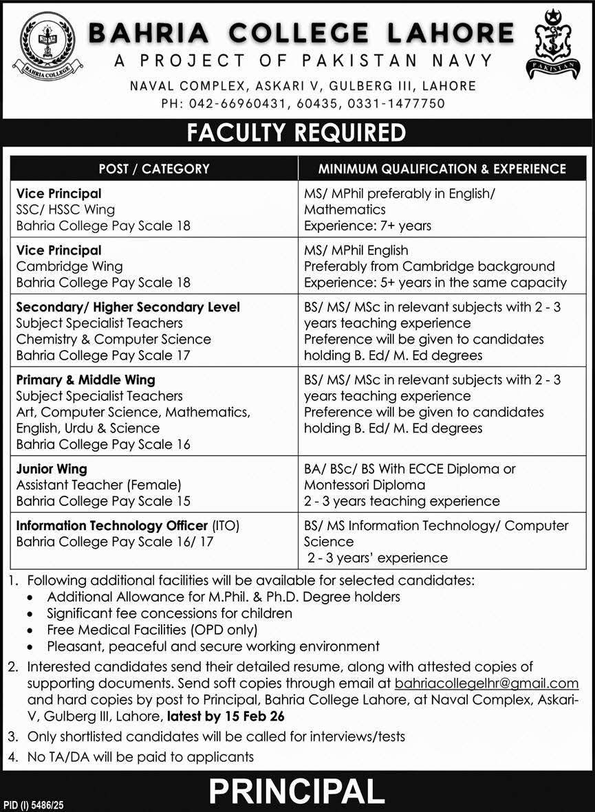 Bahria College Teaching Jobs January 2026