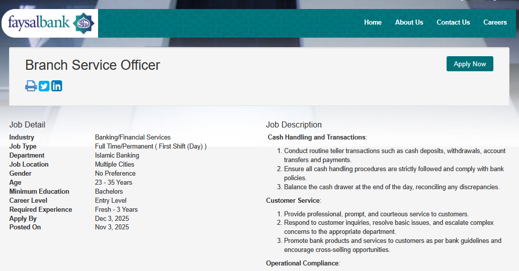 Faysal Bank Branch Service Officer Jobs November 2025