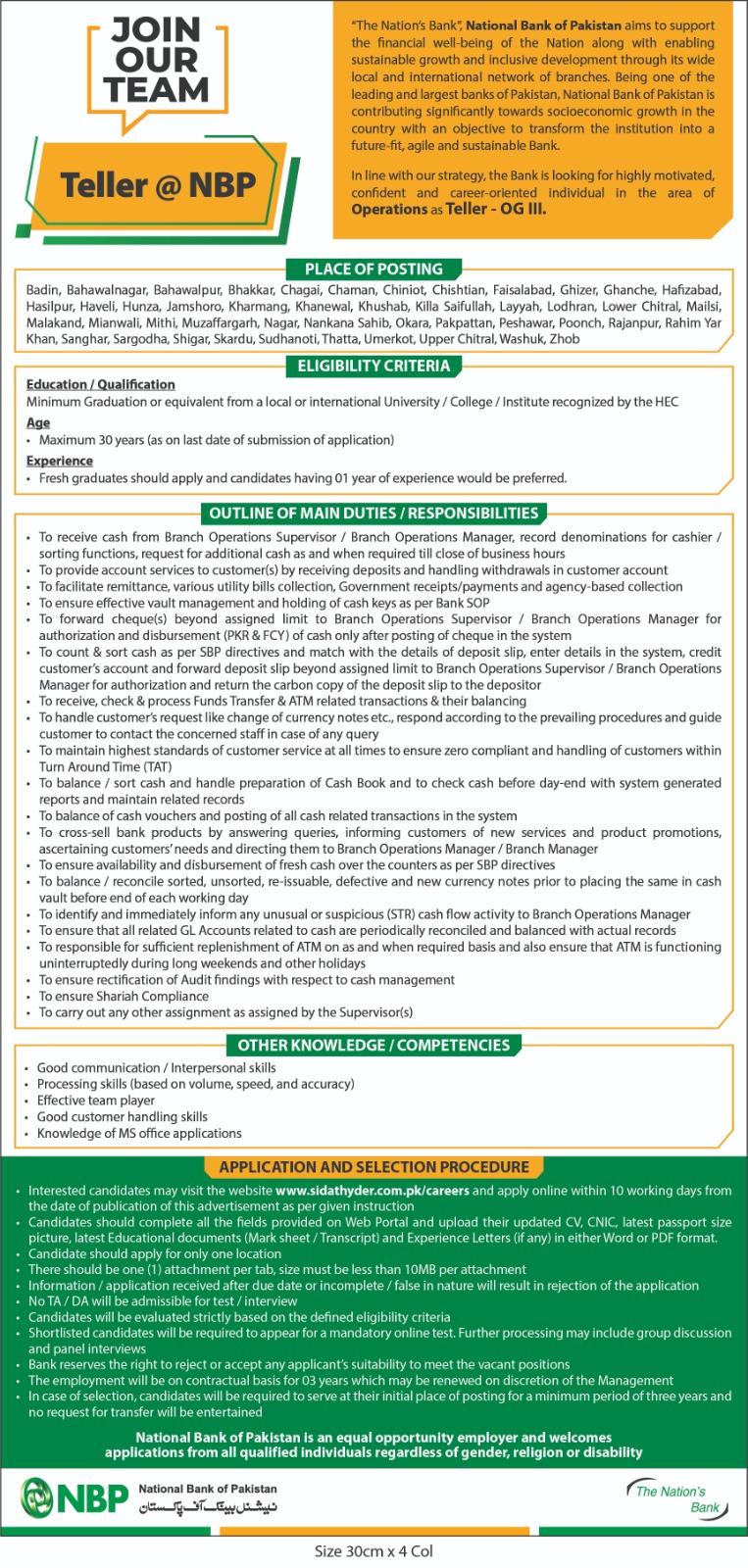 NBP Teller OG-III Jobs 2025 Advertisement