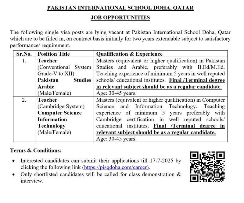 Pakistan International School Doha Qatar Jobs 2025