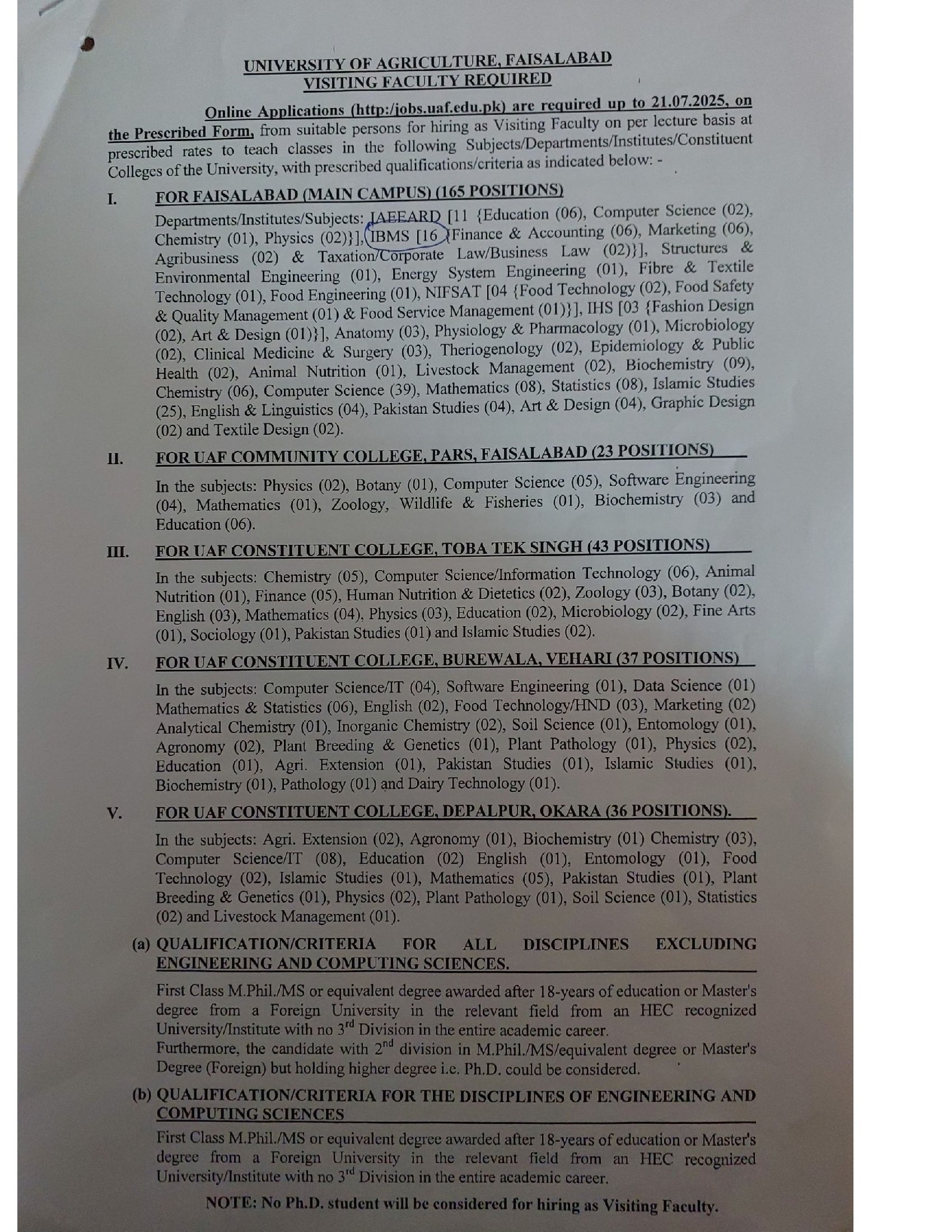 University of Agriculture Faisalabad Visiting Lecturer Jobs 2025 - 1
