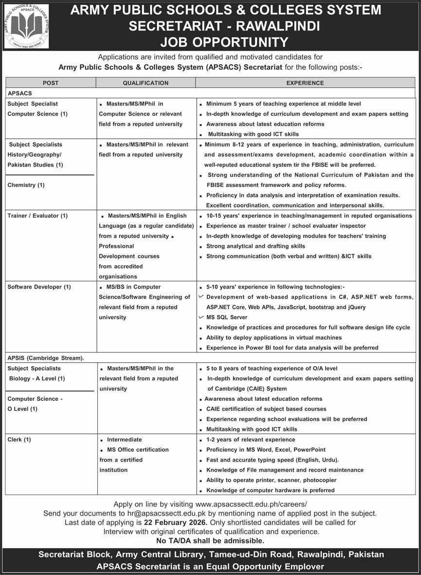 Army Public School and College Rawalpindi Jobs 2026