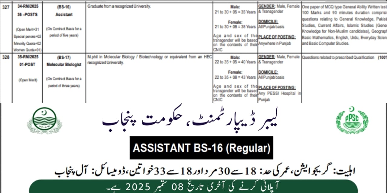 PPSC Labour Department Assistant Jobs 2025