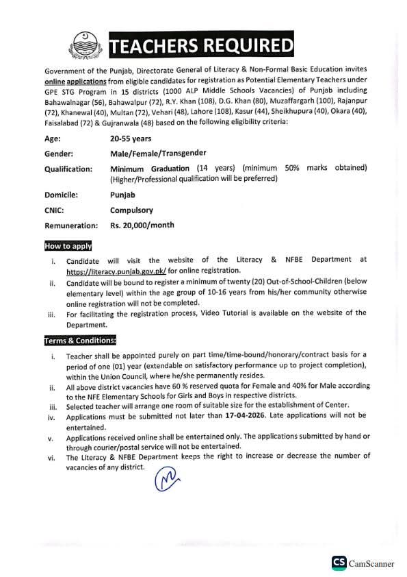 Literacy and Non Formal Education Department Jobs 2026