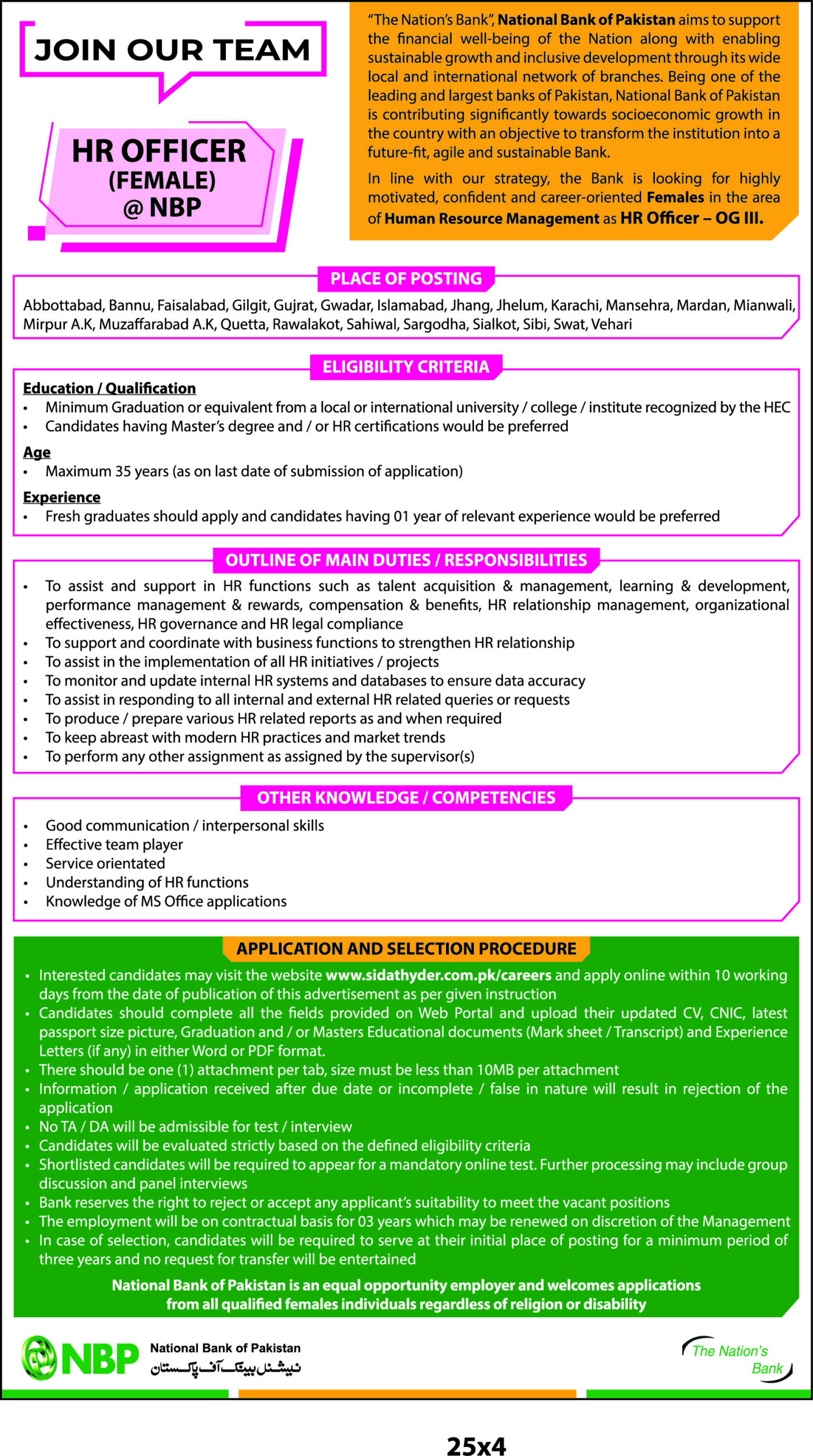 NBP OG III HR Officer Female Jobs 2025