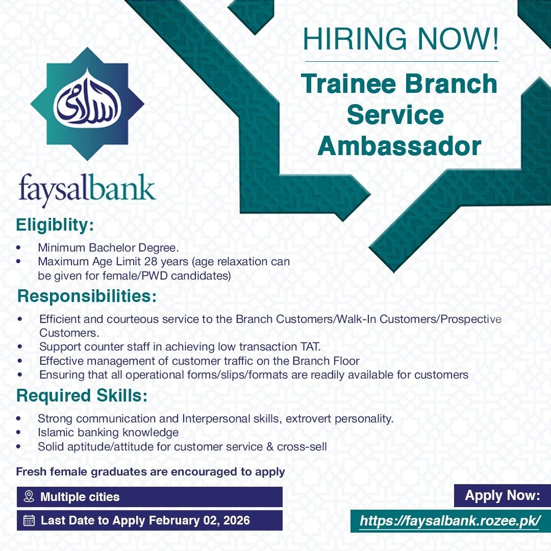 Faysal Bank Trainee Branch Service Ambassador Jobs 2026