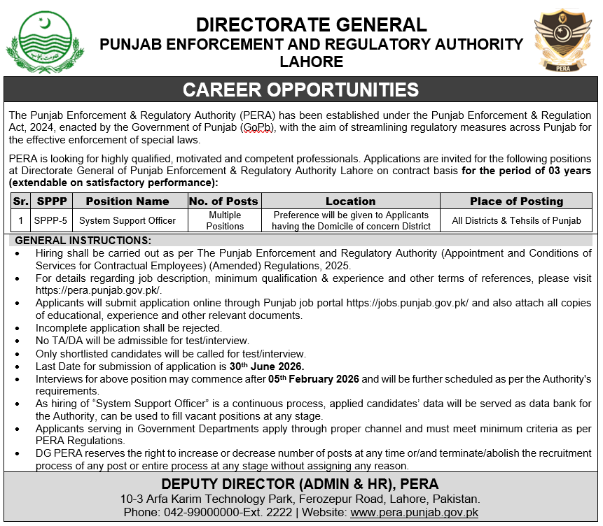 PERA System Support officers Jobs 2026 Advertisement