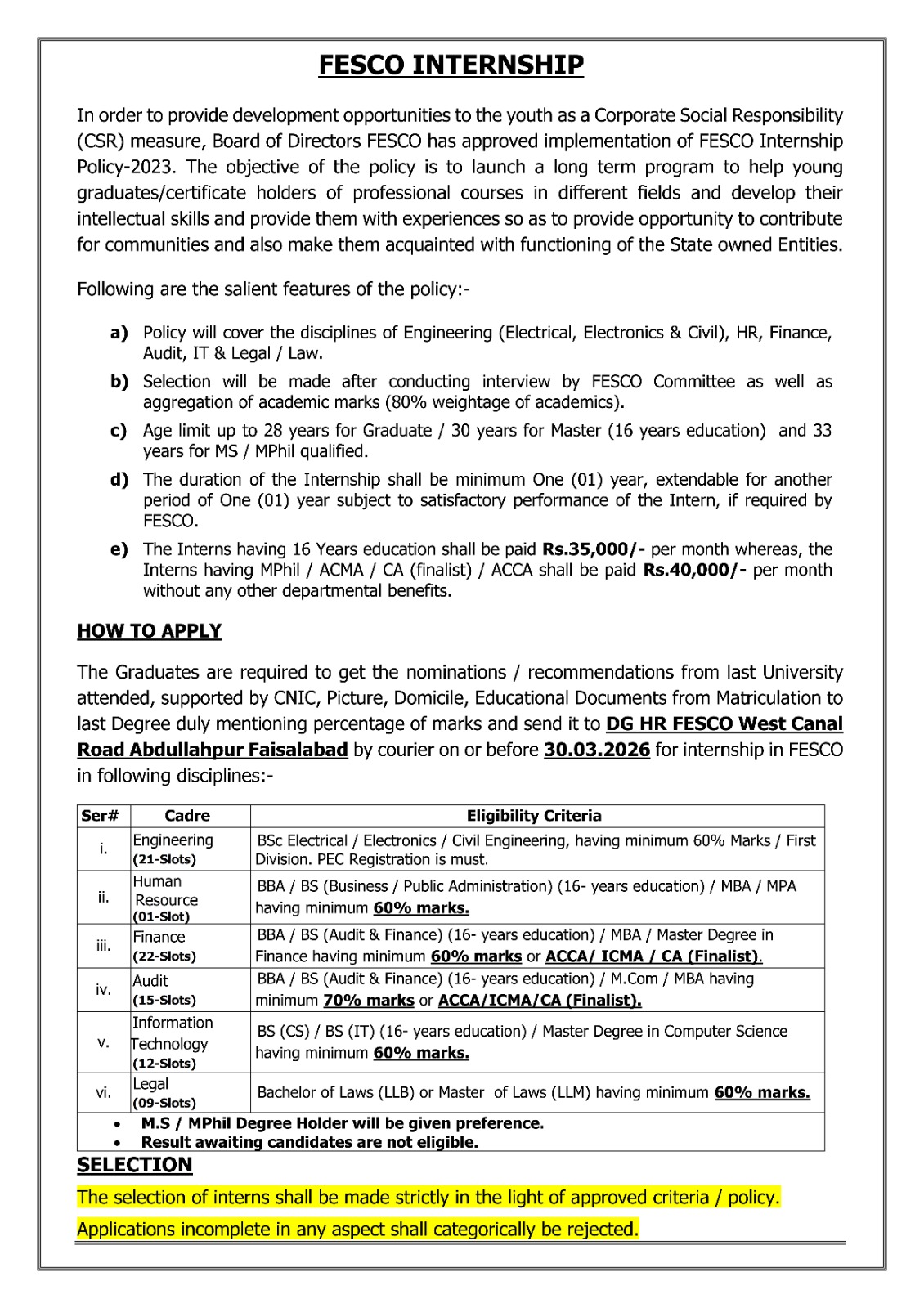 FESCO Internship Program 2026