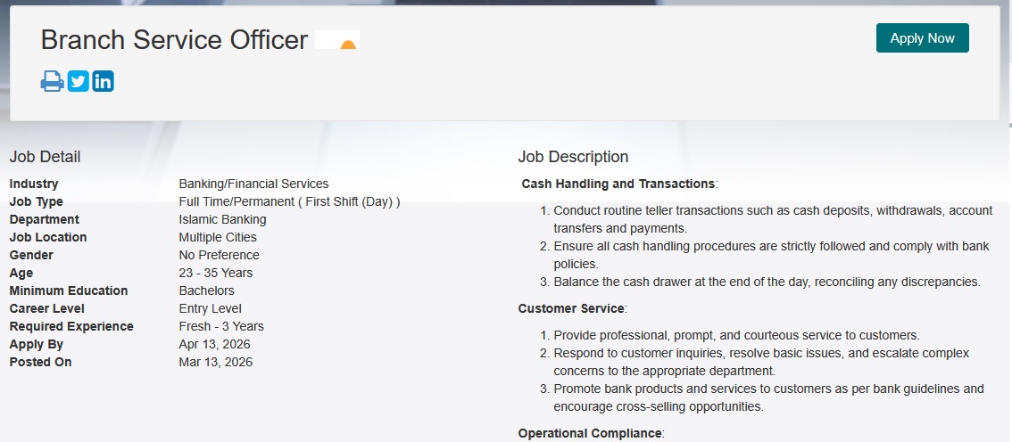 Faysal Bank Branch Service Officer Jobs 2026