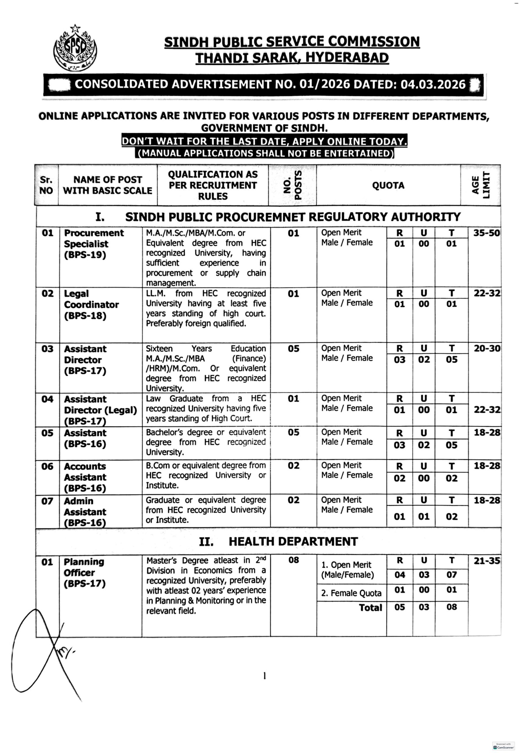 SPSC Jobs 2026 Advertisement No 01 - 01