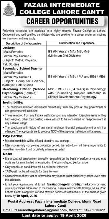 Fazaia School and College Lahore Jobs 2026