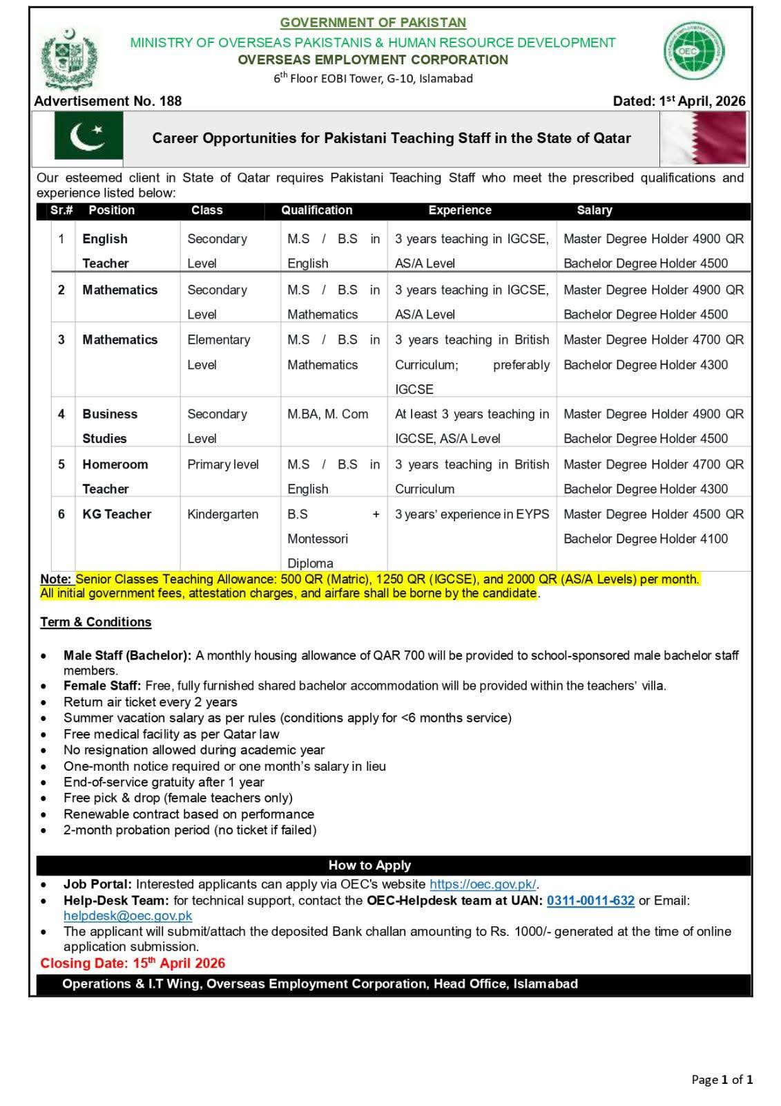 Pakistani Teaching Staff Jobs 2026 in Qatar